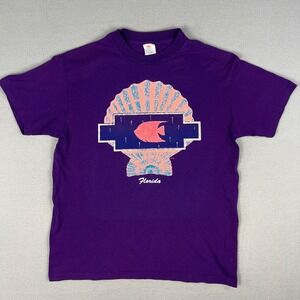 VTG Florida Vacation T Shirt FIts Medium Purple Sea Shell Fish 1990s Tourist USA